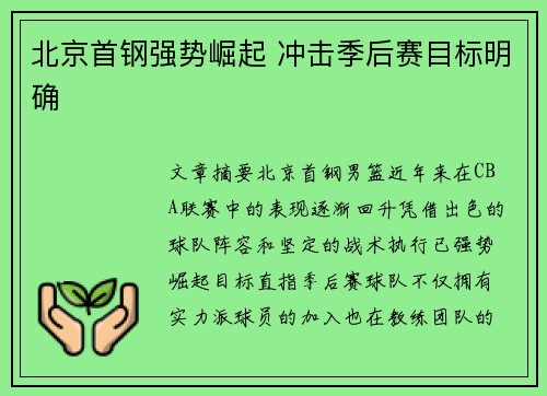 北京首钢强势崛起 冲击季后赛目标明确